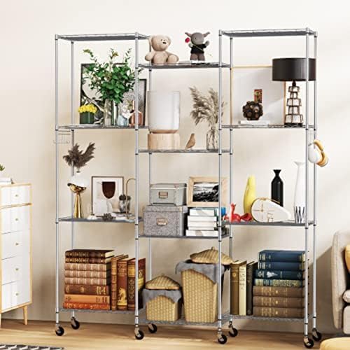 Himimi 6-Tier Wire Shelving Unit with Wheels - Adjustable Metal Storage Rack for Garage, Kitchen, Office, Pantry - Easy Assembly, Rolling Steel Shelves with Stainless Side Hooks, Silver Grey