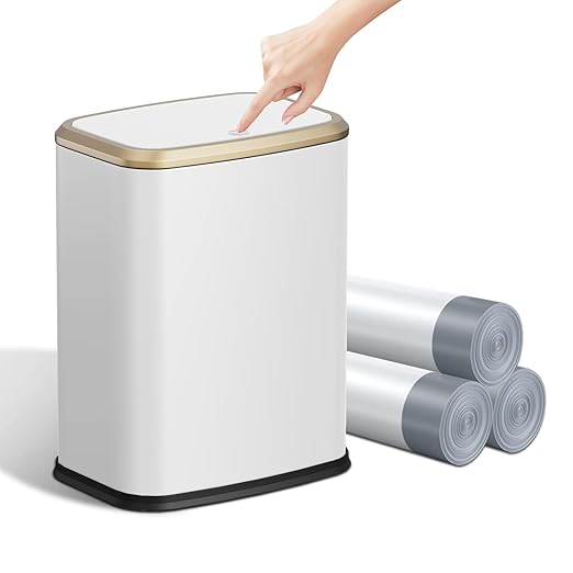 2.1 Gallon Bathroom Trash Can with Lid Press Top, 8 Liter Stainless Steel Garbage Can with Press Type Lid, Slim Trash Bin Waste Basket for Toilet, Office, Bedroom, Living Room (White)