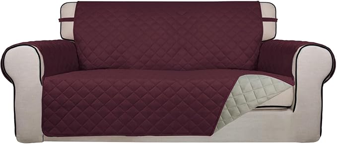 PureFit Reversible Quilted Sofa Cover, Water Resistant Slipcover Furniture Protector, Washable Couch Cover with Non Slip and Elastic Straps for Kids, Dogs, Pets (Oversized Loveseat, Wine/Beige)