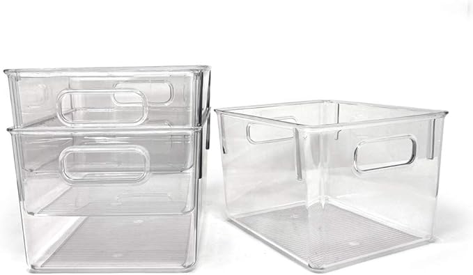 Isaac Jacobs 3-Pack Medium Clear Storage Bins with Handles, Plastic Organizer for Home or Fridge/Freezer, Pantry and Kitchen Non-Slip Container Set, BPA Free, Food Safe (3-Pack, Medium)