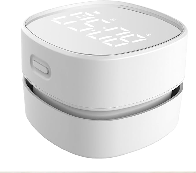 ODISTAR Counter Vacuum Cleaner,Mini Table dust Sweeper Energy with Digital Timer,Endurance up to 400 mins,360º Rotatable for Cleaning Rubber shavings,Crumbs Keyboard of Gifts for Kids(White)
