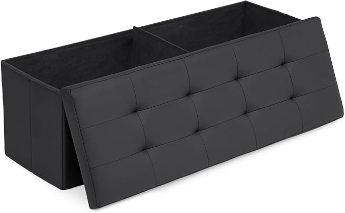 Athena Collection 43" Storage Ottoman Bench Folding Bench with 130L Hidden Storage, Large End of Bed Bench PU Leather Foot Rest Stool Chest with Flipping Lid for Living Room, Bedroom, Entryway, Black