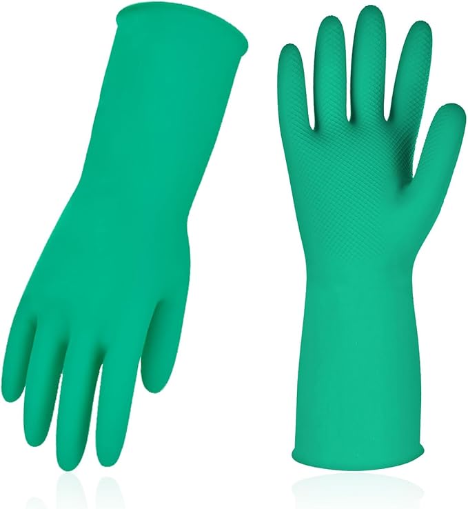 Vgo... 1-Pair Reusable Household Gloves, Rubber Dishwashing gloves, Extra Thickness, Long Sleeves, Kitchen Cleaning, Working, Painting, Gardening, Pet Care (Size M, Green, HH4601)