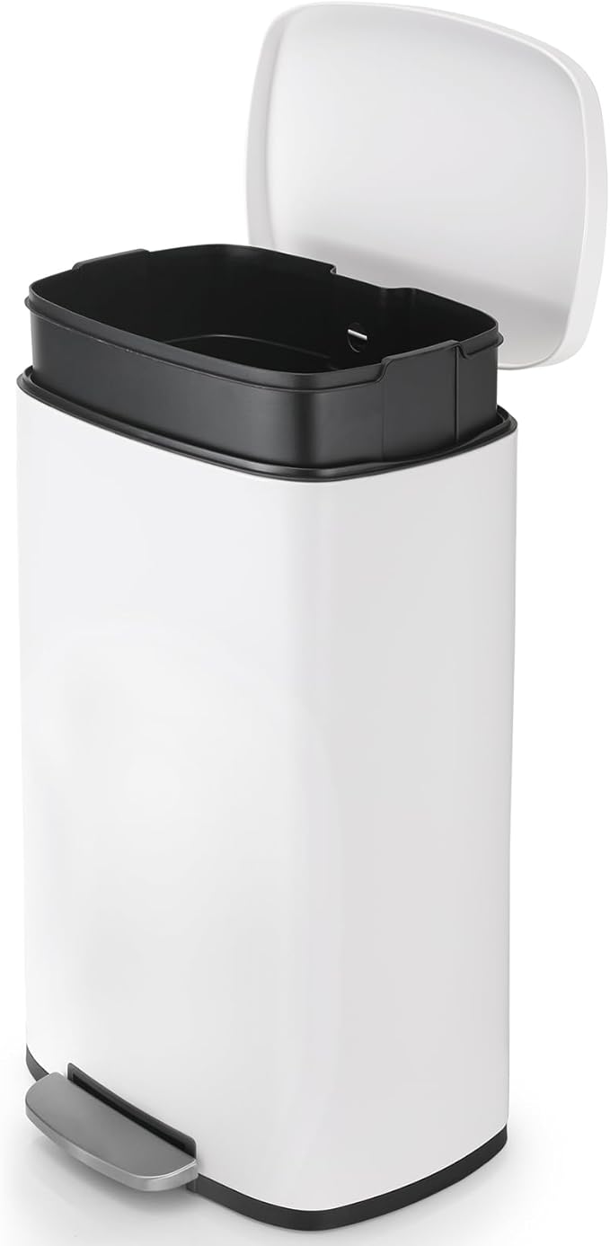 8 Gal Kitchen Trash Can, 30L Recycling or Garbage Bin, Brushed Stainless Steel Waste Basket, Soft&Quiet Close Dustbin, with Step-On Pedal, Removable Inner Bucket, for Home, Office, LIving Room