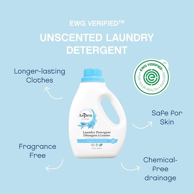AspenClean Natural Laundry Detergent Unscented - 100% Natural, Organic, HE Liquid Laundry Detergent- Vegan, Non-Bio, Cruelty-Free, Biodegradable - Safe for Babies, Pets & Kids - EWG Certified (2 pack)