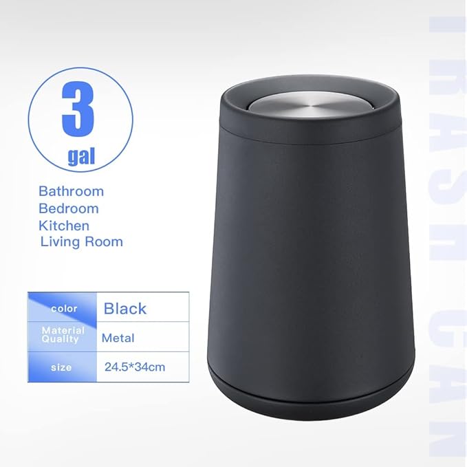 Household Swing Black Bathroom Trash Can，Brushed Stainless Steel，10 L/3 Gallen，Garbage Can with Flipping Lid， for Indoor or Commercial Use, Kitchen,Modern，Living Room,Bedroom