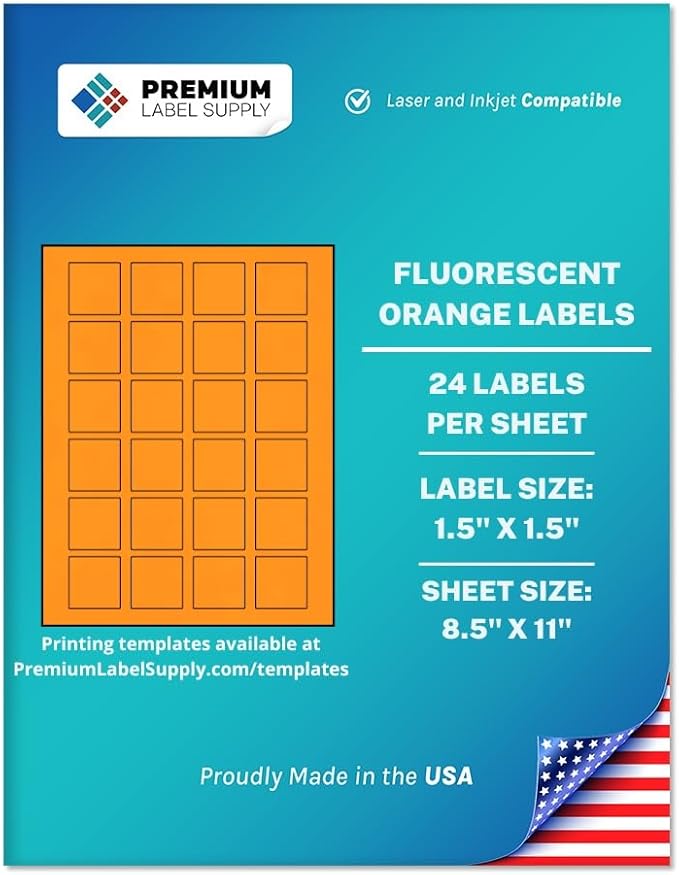 Premium Label Supply Bright Neon Color Fluorescent Sticker Labels - 1.5" x 1.5" Square Labels - (Fluorescent Orange, 2,400 Labels)