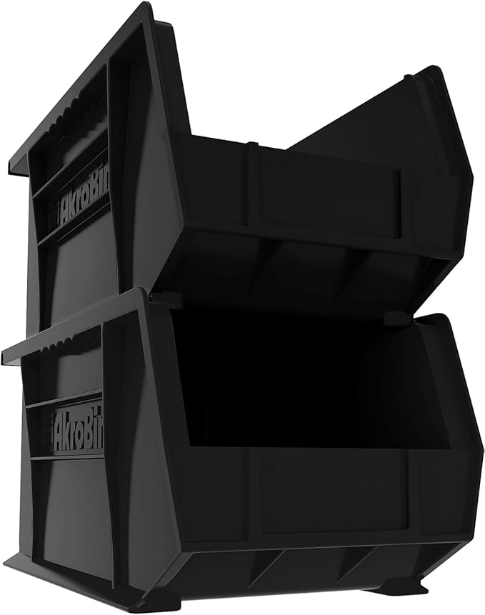 Akro-Mils 30240 AkroBins Plastic Storage Bins, Space-Saving Stackable Bins for Garage, Pantry, Craft Organization, 15" x 8" x 7", Black, 12-Pack