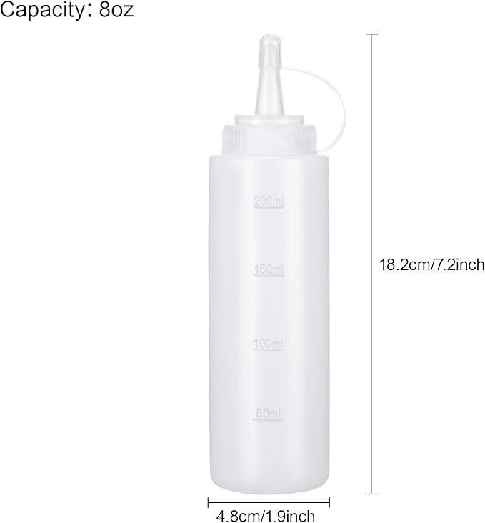 Condiment Squeeze Bottles Ketchup Dispenser, 4 Pack 8oz Squeeze Bottles for Liquids, Plastic Sauce Bottle with Cap Lid, Squirt Bottles for Sauces Liquids BBQ Dressing Pancake Art