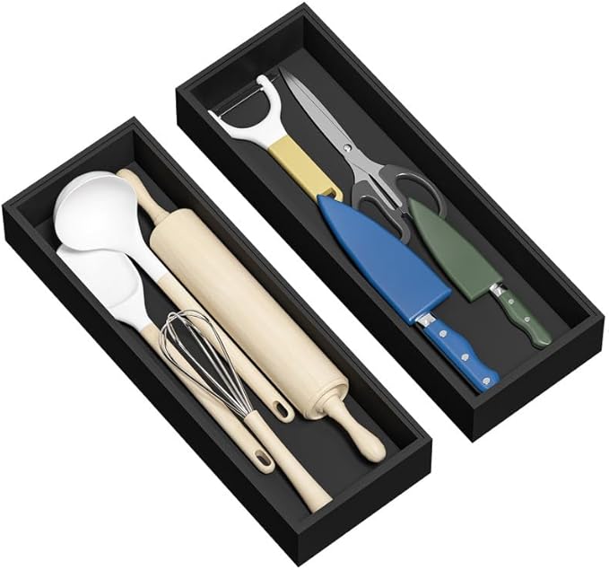 Kitchen Drawer Organizer Tray, Stackable Black Bamboo Drawer Organizer for Large Silverware, Utensils, Cutlery, Flatware, Junk, Dresser, Bathroom, 17" x 6" x 2.5" (Set of 2)