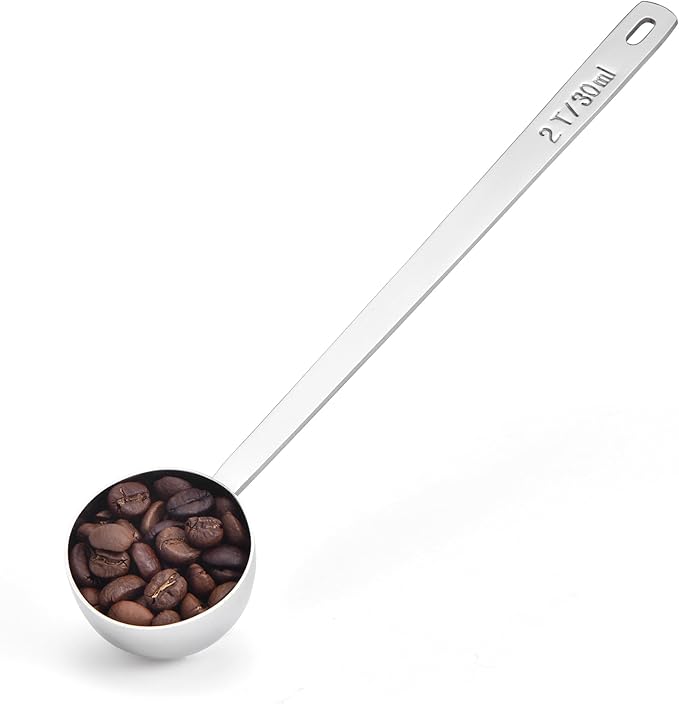 Long Handle Coffee Scoop: 8.6 Inch 18/8 Stainless Steel 2 Tablespoon Metal Measuring Spoon Tbsp Scoop for Coffee Beans, Grounds Coffee, Coffee Powder, Tea, Tall Jars (2Tbsp/30ml)