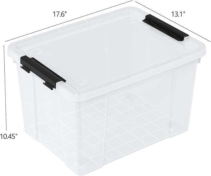 Set of 4 34 L Stackable Plastic Storage Bins with Latching Lids and Wheels, Clear Home Organization Container Box, See-Through