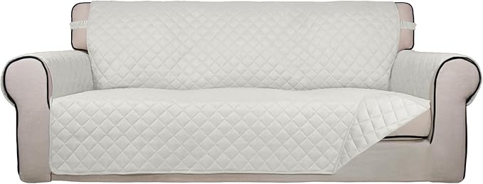 PureFit Reversible Quilted Sofa Cover, Water Resistant Slipcover Furniture Protector, Washable Couch Cover with Non Slip and Elastic Straps for Kids, Pets (Oversized Sofa, Ivory/Ivory)