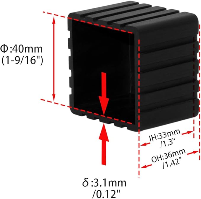 Flyshop Anti-Skid Non-Marking Synthetic Rubber Patio Chair Table Leg Caps Square Furniture Covers 20pcs, Black, 40 mm x 40 mm, 1-9/16" x 1-9/16"