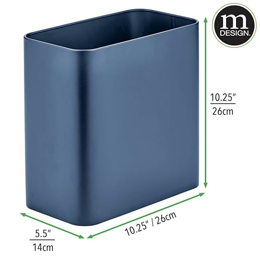 mDesign Small Metal 2.4 Gallon/9 Liter Trash Can Wastebasket Garbage Bin for Bathroom, Slim Rubbish Waste Bin Trashcans for Master/Guest Bath, Mirri Collection, Navy Blue