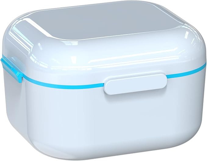 BVN Denture Case Denture Cup for Soaking Dentures Retainer Cleaner Case with Mirror Mouth Guard Case False Teeth Container White Blue