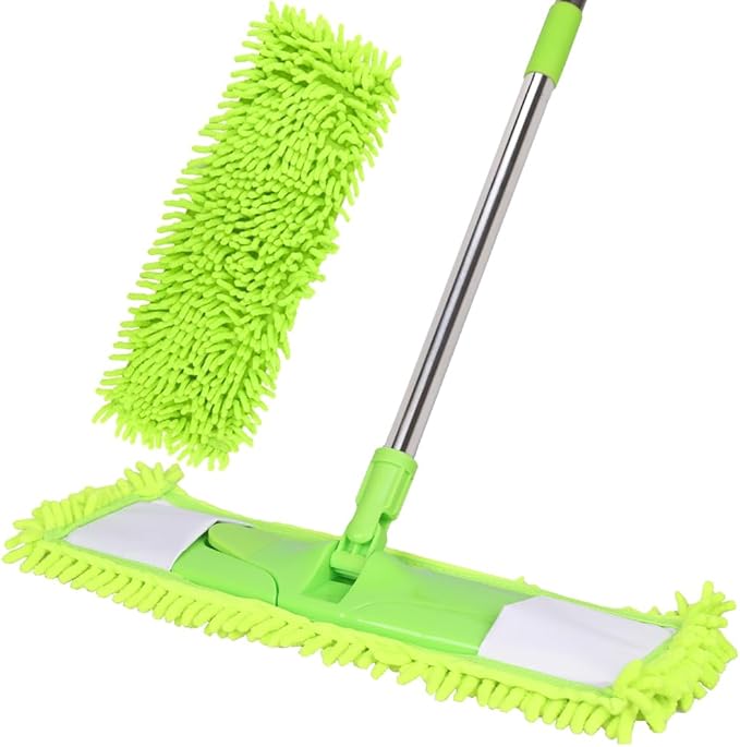 Dust Mop for Floor Cleaning with 2 Washable Chenille Pads and Extendable 58” Long Handle, Dry Wet Flat Mop with Scouring Pad for Hardwood, Laminate, Tile, Marble ，Green