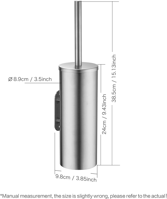 Brushed Stainless Steel Toilet Brush and Cover, No-Punch Hook Base Dual Purpose Toilet Brush Holder with Removable Inner Bucket and Splash Cover - Soft Bristles (Brushed)