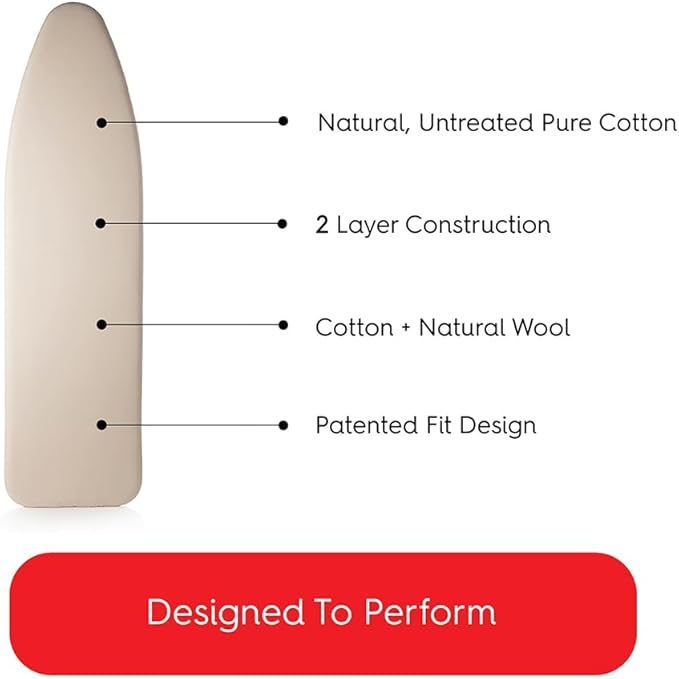 TIVIT Ironing Board Cover 16 x 55 Standard Chemical Free Eco-Friendly Padded Covers - Unbleached, Untreated Natural Cotton & Wool Pad - 2 Layer, 3 Fastener Straps, Pull Bungee Cord - Made in Italy