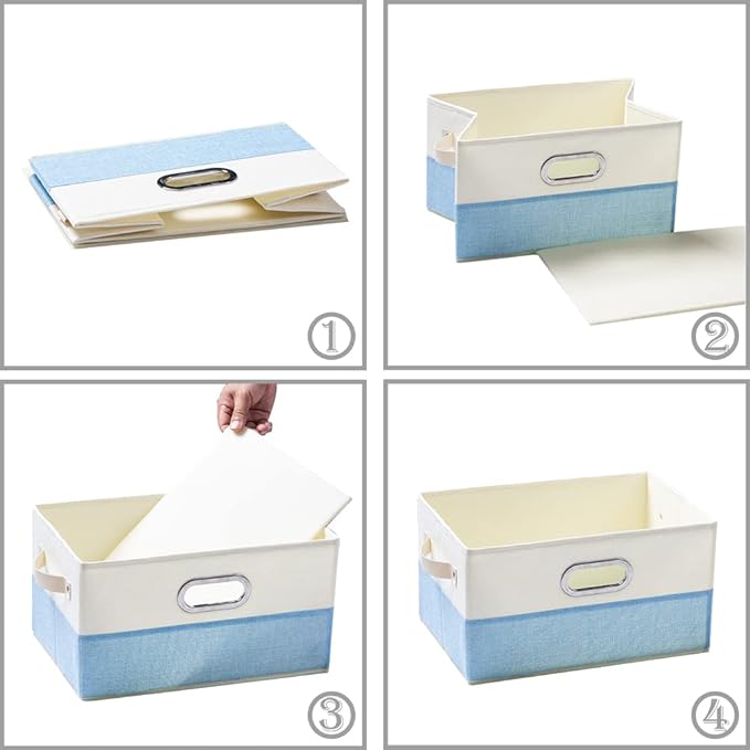 PRANDOM Fodable Storage Bins for Closet [3-pack] Decorative Fabric Storage Baskets Cubes with Leather/Metal Handles for Shelves Bedroom Living Room Blue&Cream (11.5x8.5x6.7 Inch)