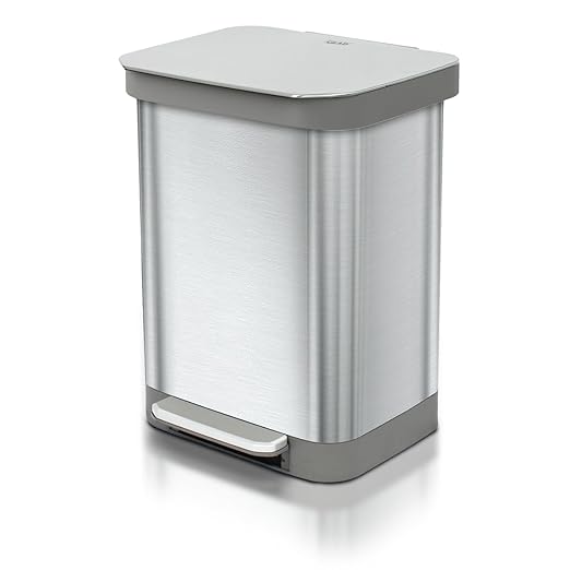 Glad Stainless Steel Step Trash Can, Series 2 with Clorox Protection - Large Metal Kitchen Garbage Bin with Soft Close Lid, Foot Pedal and Waste Bag Roll Holder, 13 Gallon