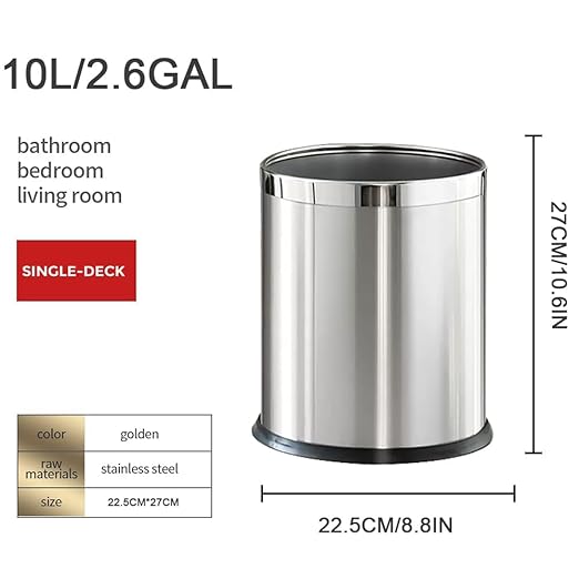 2.6Gallon/10L，Stainless Steel Bathroom Trash Can,Chrome Trash Can,Silver Garbage Can for Office，Wastebasket for Hotel，Office，Store，Metal Trash bin Without lid (Silver)