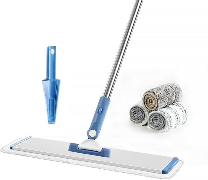 CQT Commercial Flat Microfiber Floor Mop Cleaning System 18" Inch Wet Dry and Dust Hardwood with 4 Washable Pads Cleaner for Laminate Tile Stainless Steel Handle and Extension (PT13-Blue)