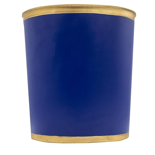 Jaye's Studio Decorative Waste Basket for Bathroom Trash Can Wastebasket, Oval Metal Trash Bin for Bedroom, Office, Blue Garbage Can for Dorm, Blue Trash Can Gold Office Decor, 12" x 10" x 8"