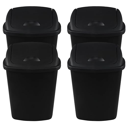 Zopnny 8 Gallon Plastic Swing Top Garag Bin, Lidded Wastebasket Trash Can for Kitchen or Workspace, Set of 4, Black