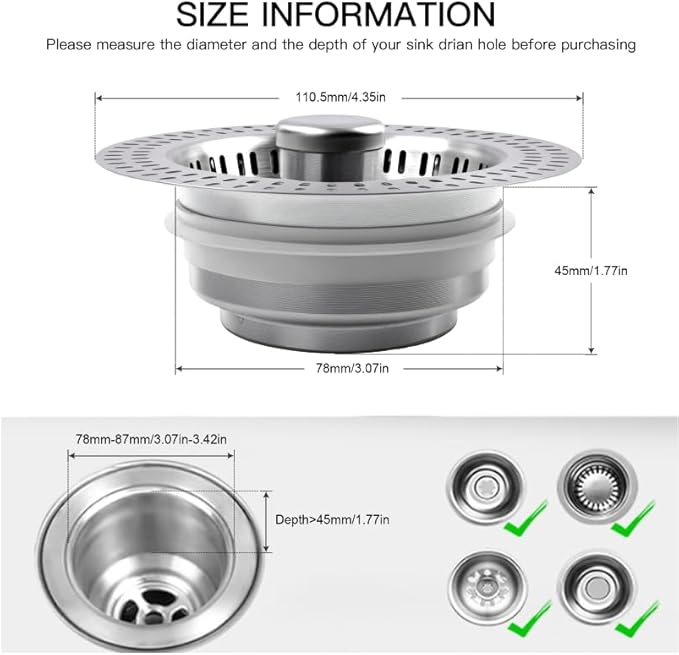 3 in 1 Kitchen Sink Drain Strainer Stopper, Stainless Steel Pop Up Sink Stopper with Anti-Clogging Basket Strainer Width 3.07" Height 1.77 for Deep Sink (Silver)