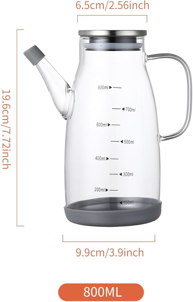 Large Glass Oil Dispenser Bottle for Kitchen Cooking Recipiente Para Aceite De Cocina Olive Oil Vinegar Dispenser Cruet Stainless Steel Lid No Drip Liquid Container (Clear, 27oz / 800ml)