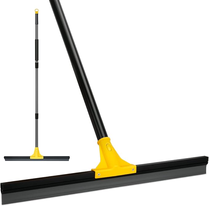 Floor Squeegee for Concrete and Tile Cleaning, 24'' Rubber Wiper Broom, Large Heavy Duty Water Scraper with 60'' Long Handle for Garage, Deck, Bathroom, Shower Glass, Window