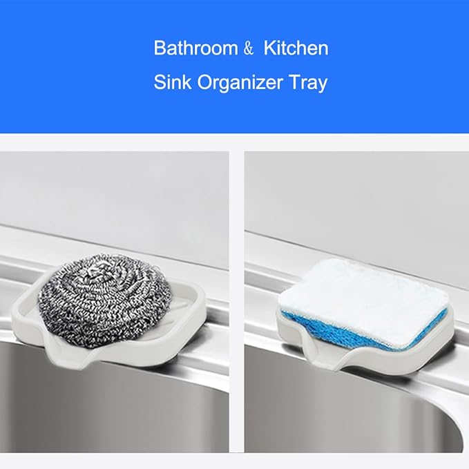 Sponge Holder with Drain Spout, Silicone Sponge Tray for Kitchen Sink, Rubber Soap Dish for Shower Bathroom (Beige, 4.7" x 3.6")