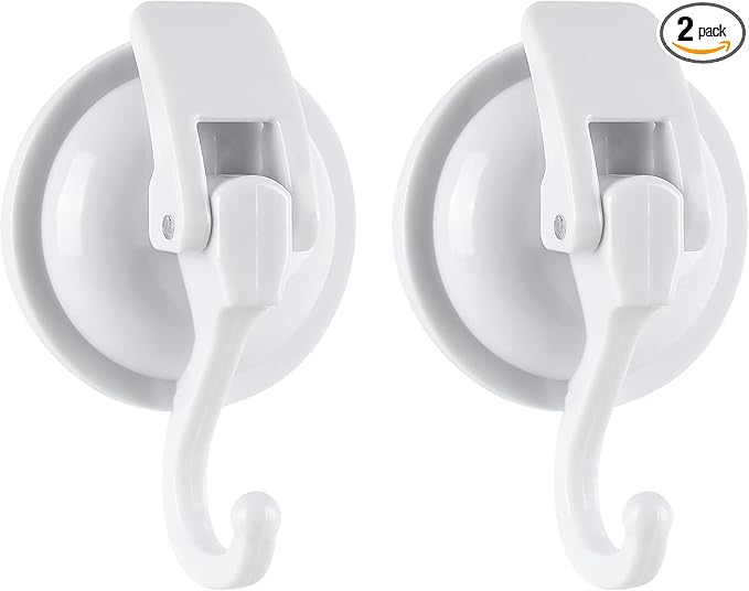 Heavy Duty Shower Suction Cup Hooks - Glass and Bathroom Robe Hangers, Reusable, No Hole Punch - White, 2 Pack