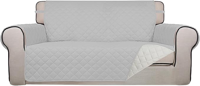 PureFit Reversible Quilted Sofa Cover, Water Resistant Slipcover Furniture Protector, Washable Couch Cover with Non Slip and Elastic Straps for Kids, Dogs, Pets (Oversized Loveseat, Light Gray/Ivory)