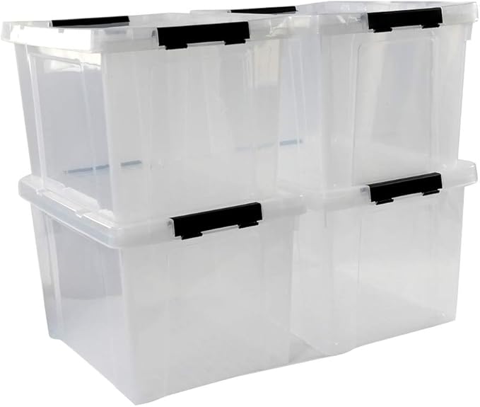 Ggbin 4 Packs 50 Quart Plastic Container Bin with Lids, Latching Storage Box with Wheels, Clear