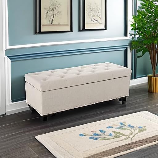 BELLEZE 47" Storage Ottoman, Storage Bench with Safety Close Hinge, Linen Button-Tufted Ottoman for Living Room, Entryway, Hallway, Foot Rest, Support 300lbs - Beige