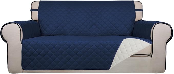 PureFit Reversible Quilted Sofa Cover, Water Resistant Slipcover Furniture Protector, Washable Couch Cover with Non Slip and Elastic Straps for Kids, Dogs, Pets (Oversized Loveseat, Navy/Ivory)
