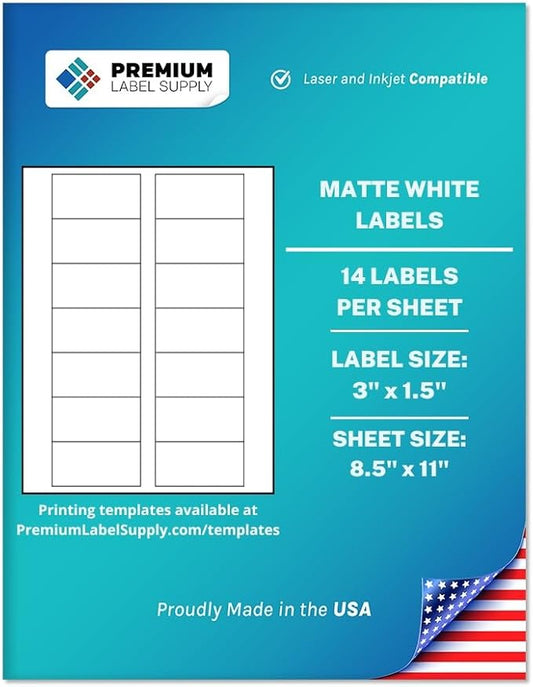 Premium Label Supply White Sticker Bottle Labels – 3" x 1.5" – Laser/Inkjet Compatible – (14 per Sheet), 1000 Sheets – 14,000 Total Adhesive Labels