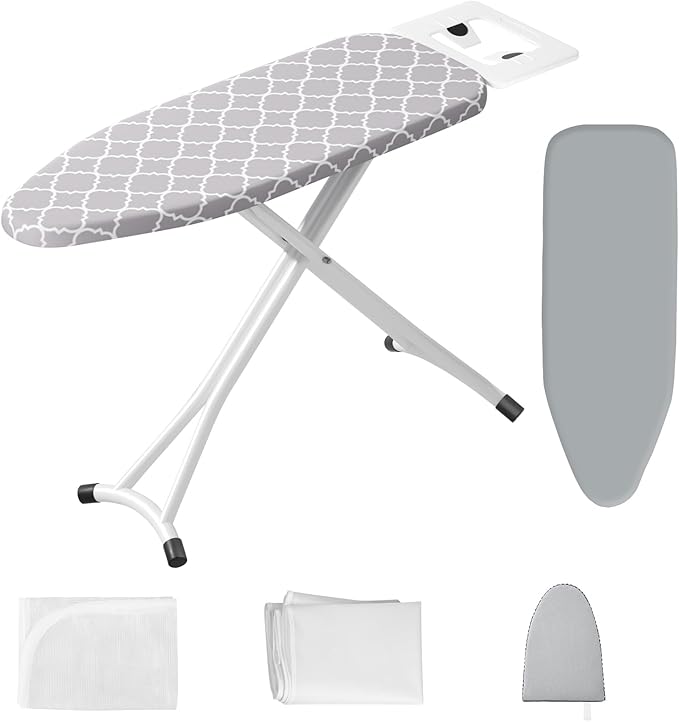 Ironing Board,Foldable Ironing Board Adjustable Height Compact Iron Board Thick Steel Tube Iron Board with Holder,Replacing Cloth Cover and Mini Handheld Gloves (Grey Texture)