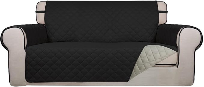PureFit Reversible Quilted Sofa Cover, Water Resistant Slipcover Furniture Protector, Washable Couch Cover with Non Slip and Elastic Straps for Kids, Dogs, Pets (Oversized Loveseat, Black/Beige)