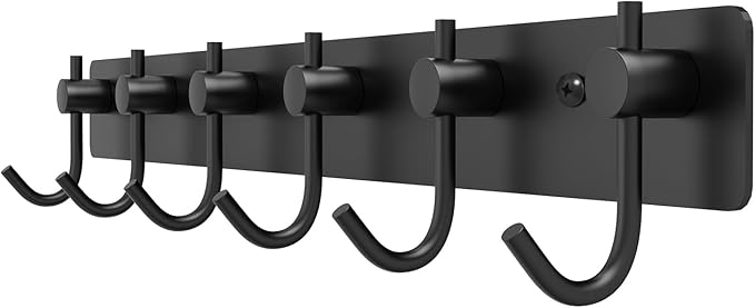 VAEHOLD Wall Hooks for Hanging, Black Coat Rack Wall Mount with 6 Coat Hooks, Towel Hanger, Hat Hooks, Robes Hook in Bathroom, Bedroom, Kitchen, Living Room (1PACK)