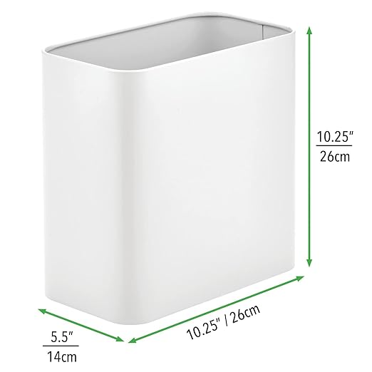 mDesign Metal Wastepaper Bin — Compact Rectangular Bathroom Bin — Rubbish Basket for Home and Office — White