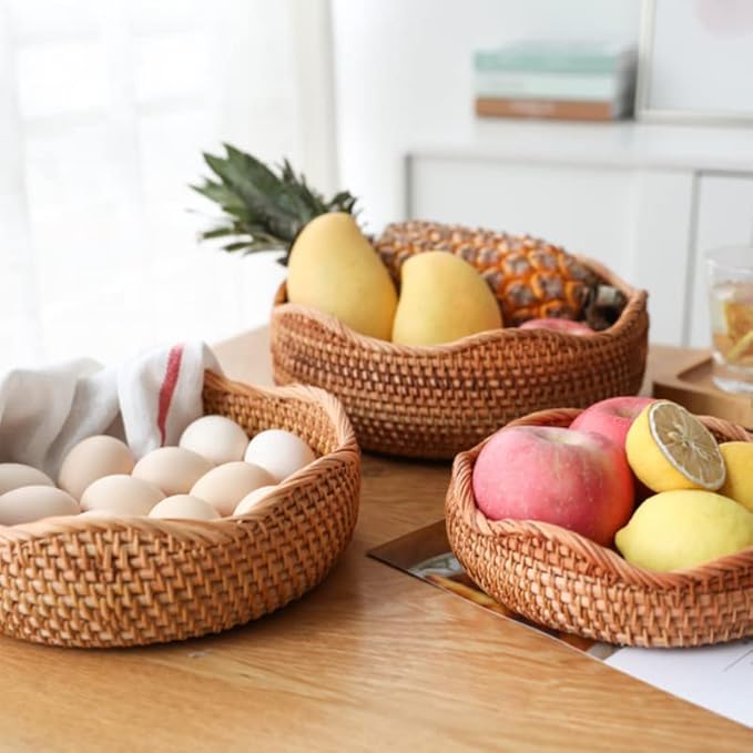 Rattan Bread Basket, Hand Woven Fruit Basket, Wicker Serving Basket Bowl, Decorative Baskets for Kitchen Counter Organizing, Set of 3 (Wave)