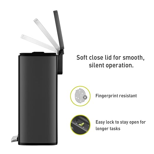 EKO Madison Matte Black 50 Liter/13.2 Gallon Step Trash Can with Inner Liner - Fingerprint Resistant Finish