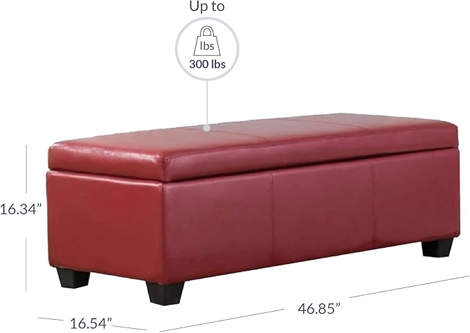 BELLEZE Storage Faux Leather Ottoman, 47 Inch Bench Bedroom Bench with Safety Close Hinge, Extra Long Ottoman with Storage for Living Room, Entryway, Hallway, Foot Rest, Support 300lbs - Red