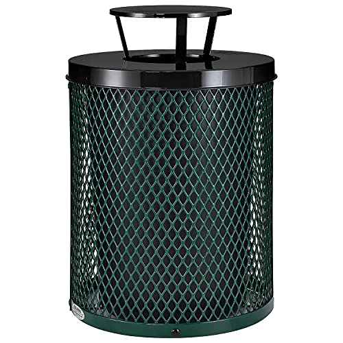 Global Industrial Outdoor Diamond Steel Trash Can with Rain Bonnet Lid and Plastic Liner, 36 Gallon Capacity, Green, Thermoplastic Coating, 23-1/2" Diameter, 40-1/2"H