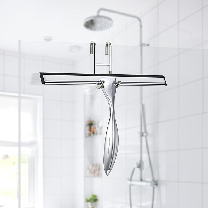 Shower Squeegee for Glass Door 12-Inch Stainless Steel Bathroom Squeegee Window Wiper, Includes Shower Door Hook, Adhesive Hook, and Spare Silicone Blade for Window Mirror Car All-Purpose Squeegee