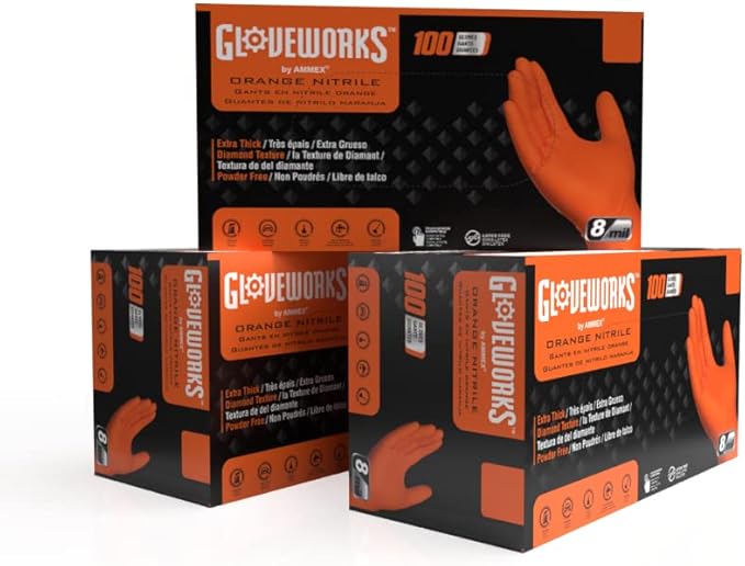 GLOVEWORKS Heavy-Duty Nitrile Gloves, Disposable, Latex Free, 8 Mil, Orange, Diamond Grip Glove