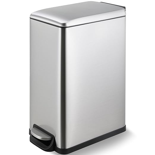 Arlopu 13.2 Gal Slim Kitchen Trash Can with Lid, 50L Stainless Steel Garbage Can, Large Kitchen Rubbish Can, Step Trash Bin w/Foot Pedal and Inner Bucket, Bathroom Trash Can Airtight,Silver